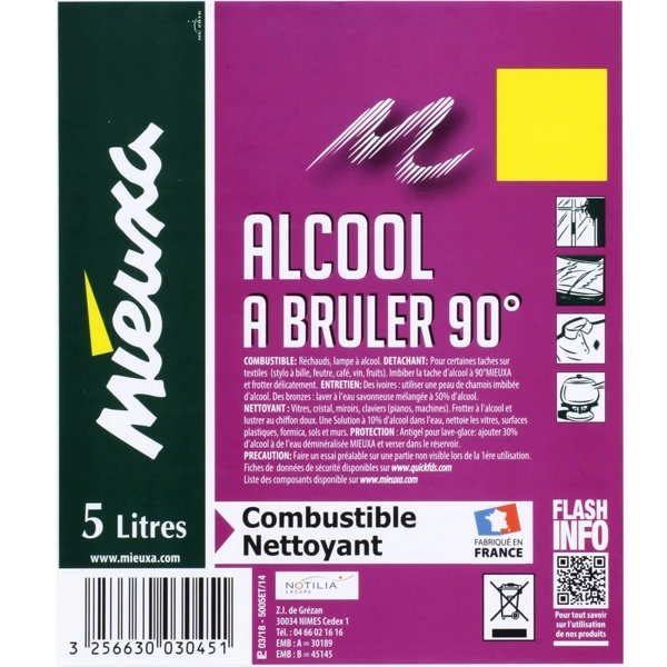 CREA-QUINCAILLERIE Alcool Ménager Essence Et Huile Diverses Alcool à Brûler à 90° Mieuxa Nettoyant En Bidon De 5 Litres 4 CREA-QUINCAILLERIE Alcool Ménager Essence Et Huile Diverses Alcool à Brûler à 90° Mieuxa Nettoyant En Bidon De 5 Litres – Image 2